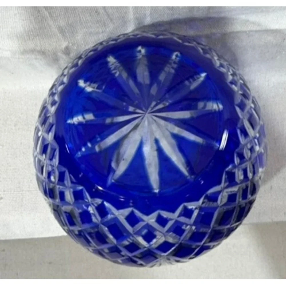 Godinger Crystal Legends Cobalt Blue Cut Crystal Rose Bowl Vase Made in Romania
